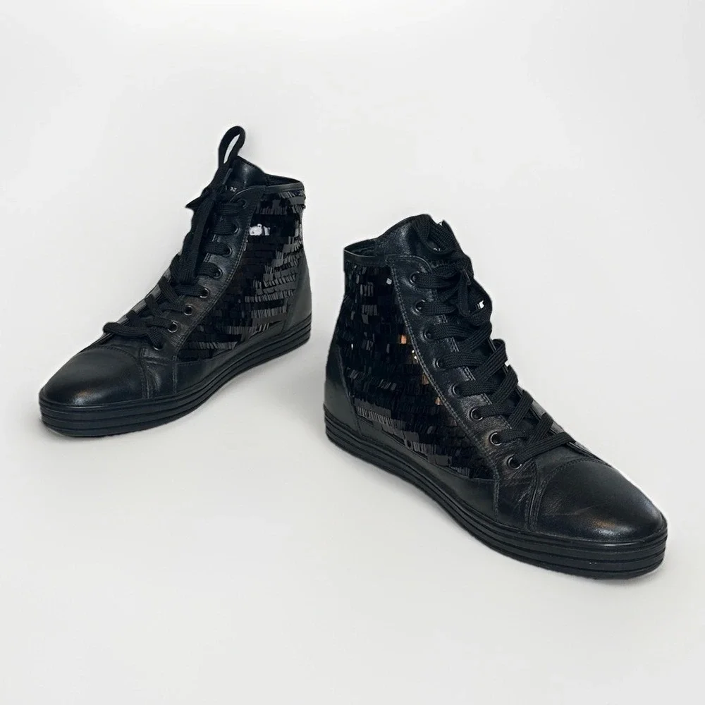 Hogan Rebel Black Metallic Sequin High‎ Top Leather Sneakers Ws Sz 41 US 10.5